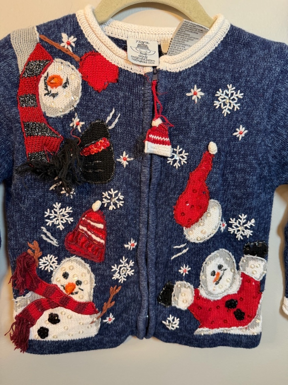 Tiara Girls Kids Festive Snowman Zip Front Cardigan Sweater - Navy Blue - Picture 2 of 6